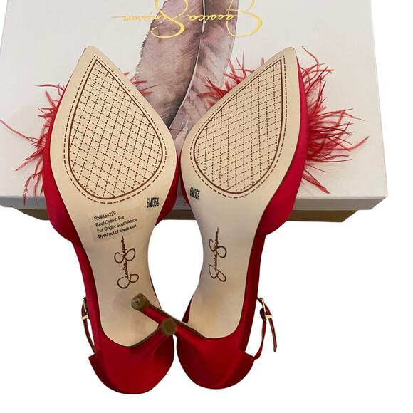 Jessica Simpson Wolistie Ankle Strap Dress Pumps Red Feather Pom Pom Size 6 NEW - Picture 7 of 15
